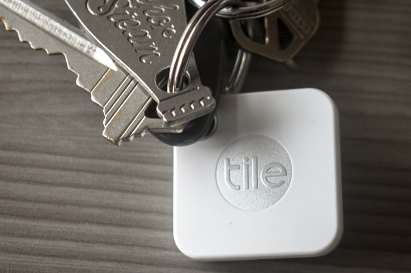 Photo of keys on a Tile tracker.