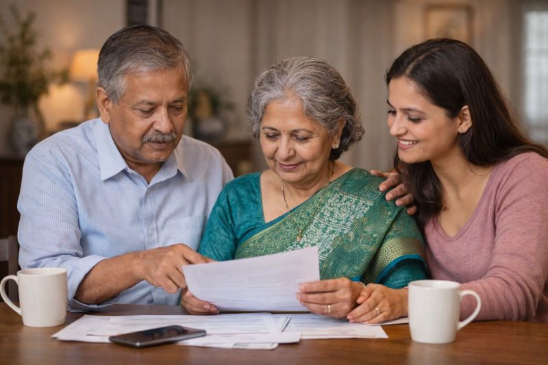 Photo of an older couple and their adult daughter at the dining room table looking over paper work.