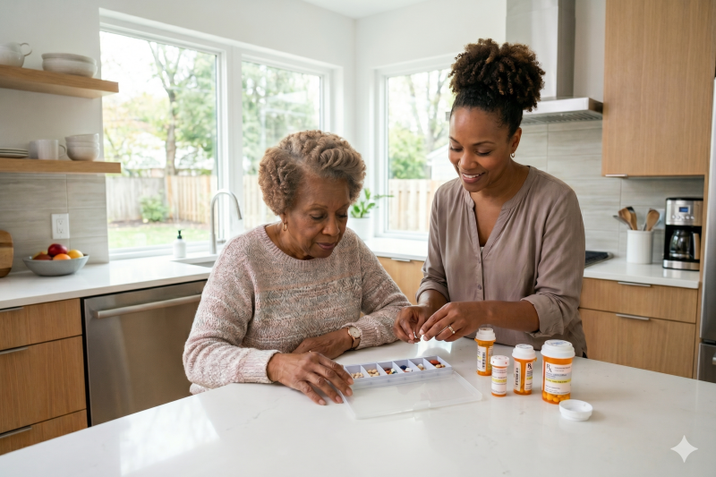 Older woman in her kitchen with her adult daughter. They are setting up a week of medications in a pill dispenser.