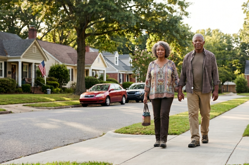 Older couple going for a walk in their suburban neighborhood. They are walking on a sidewalk.