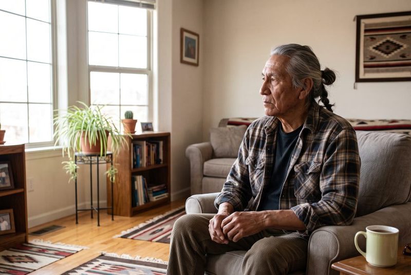 Photo of an older man sitting in his living room, looking out the window. He looks lonely.