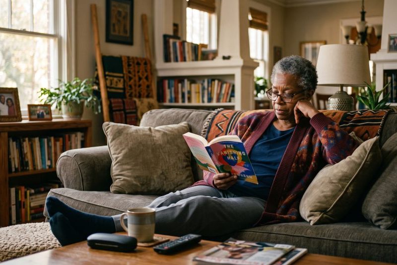 Photo of an older woman reading a book on the living sofa.